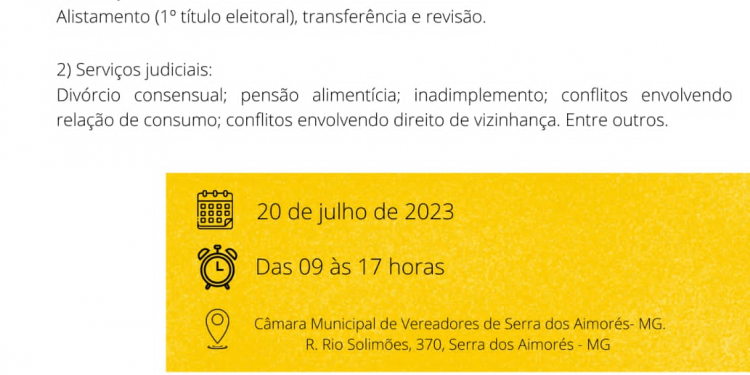 Dia 20 de julho servidores da justiça eleitoral de Nanuque estará na Câmara de vereadores de Serra dos Aimorés para fazer títulos eleitorais.
